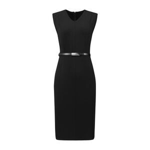 Women's Sleeveless Funeral Dress V-Neck Office Sheath Dresses w Belt Black